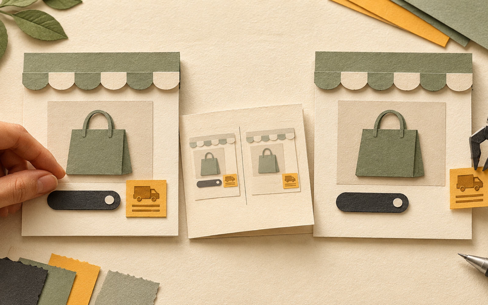 A human hand and a drafting arm arrange delivery-information slips beside two paper storefront layouts.
