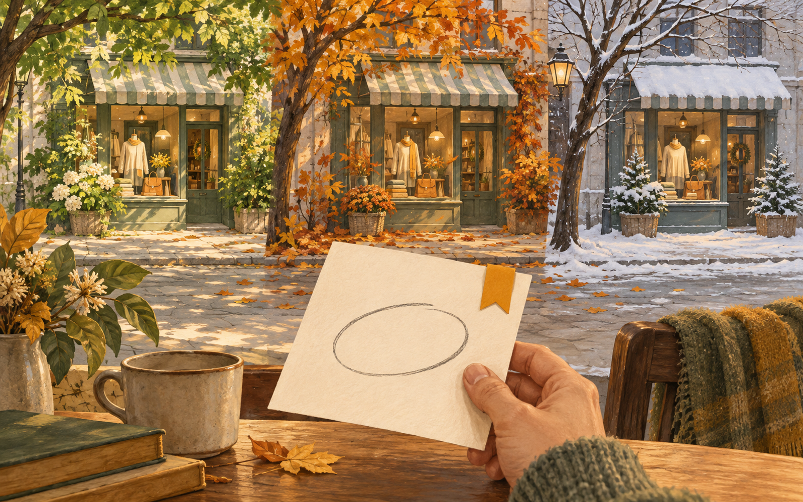 A storefront display through changing seasons beside a marked experiment-review card.